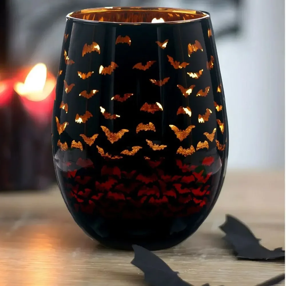 Wine Glass Halloween Two Tone Stemless Wine Glass Bat Orange Black Decor FC5